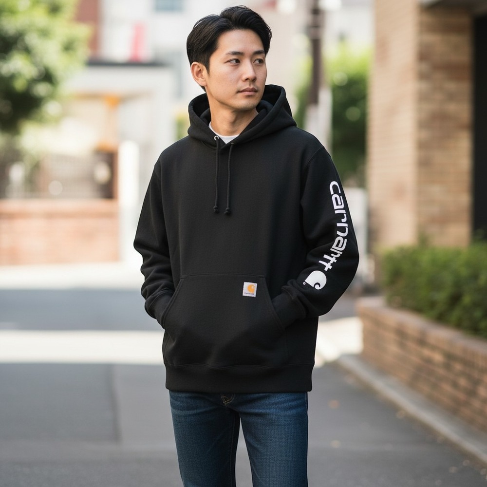 Carhartt Hoodie Men Large K288 BLK Black Midweight Sleeve Logo Pullover Workwear
